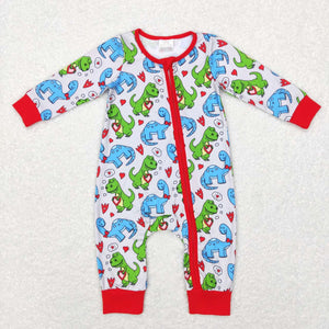 Dinosaur Heart Red Gray Boys Valentines Romper