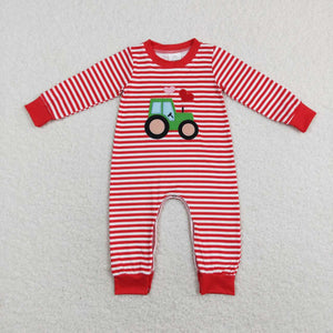 Tractor Heart Red Stripe Boys Valentines Romper