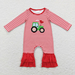 Tractor Heart Red Stripe Ruffles Girls Valentines Romper