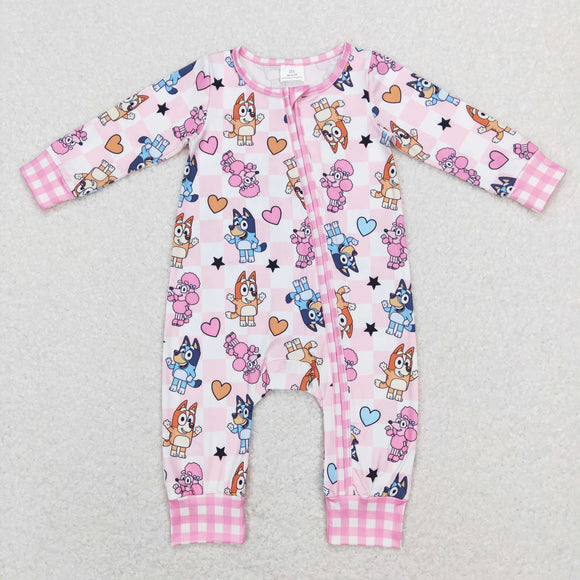 Cartoon Dogs Pink Plaid Girls Valentines Romper