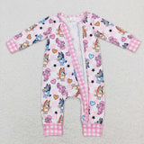 Cartoon Dogs Pink Plaid Girls Valentines Romper