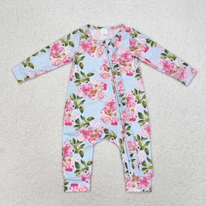 Bamboo Floral Blue Girls Fall Romper