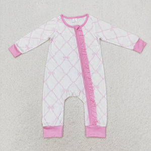 Bamboo Bow Pattern Pink Ruffles Girls Fall Romper