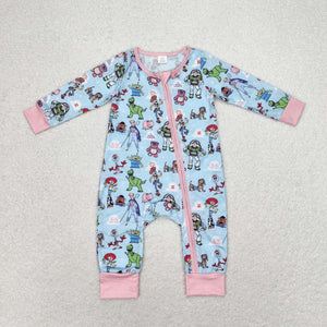 Bamboo Cartoon Blue Pink Girls Fall Romper