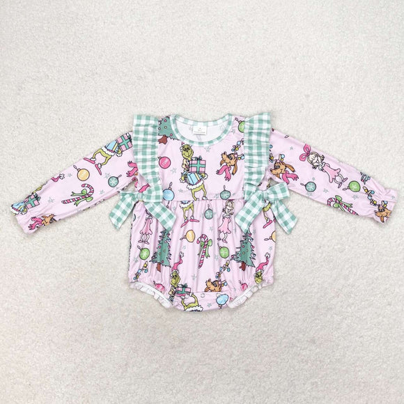 Cartoon Green Plaid Bows Pink Girls Christmas Romper