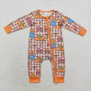 Bamboo Pumpkin Tractor Orange Girls Fall Romper