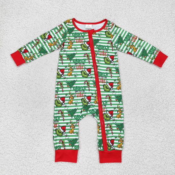 Cartoon Vibe Green Stripe Red Boys Christmas Romper