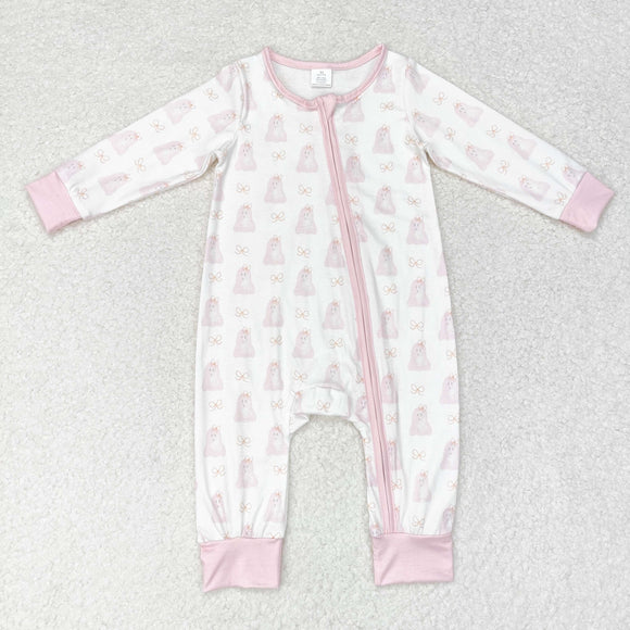 Bamboo Ghost Bow Pattern Pink White Girls Halloween Romper