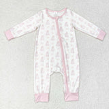 Bamboo Ghost Bow Pattern Pink White Girls Halloween Romper