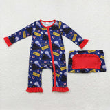 Bamboo Believe Train Red Ruffles Navy Girls Christmas Romper