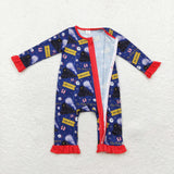 Bamboo Believe Train Red Ruffles Navy Girls Christmas Romper