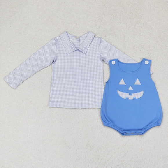 Plaid Smile Blue Top Boys Halloween Romper