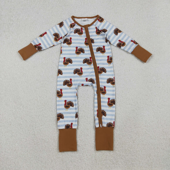 Turkey Blue Stripe Brown Boys Thanksgiving Romper