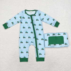 Bamboo Tractor Blue Green Boys Fall Romper