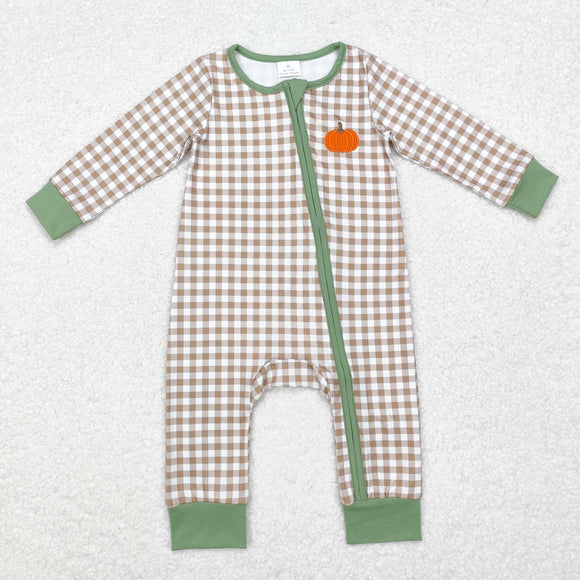 Pumpkin Brown Plaid Green Boys Fall Romper