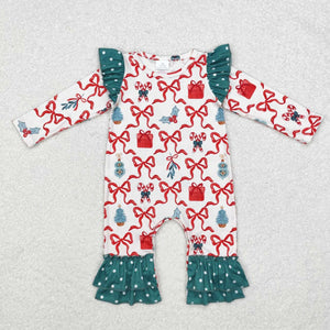 Bow Pattern Gift Green Ruffles Girls Christmas Romper