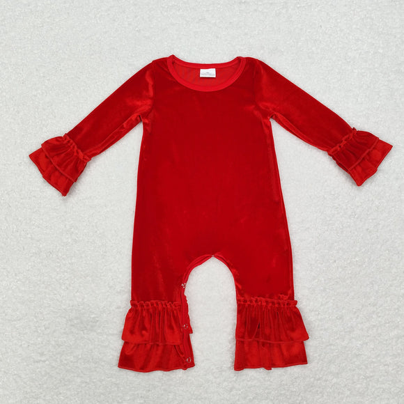 Solid Red Velvet Ruffles Girls Christmas Romper