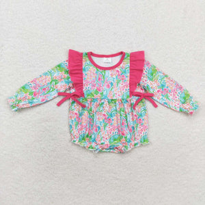 Floral Leaves Hot Pink Ruffles Girls Fall Romper