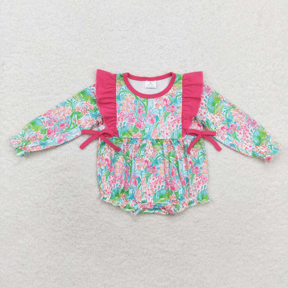 Floral Leaves Hot Pink Ruffles Girls Fall Romper