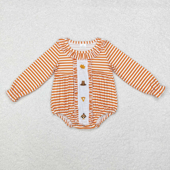 Leaves Hat Pie Turkey Orange Stripe Girls Thanksgiving Romper