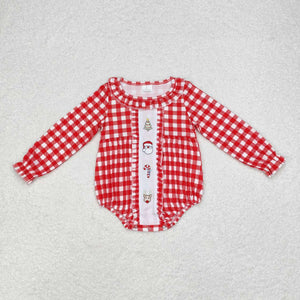 Tree Santa Candy Cane Reindeer Red Plaid Ruffles Girls Christmas Romper