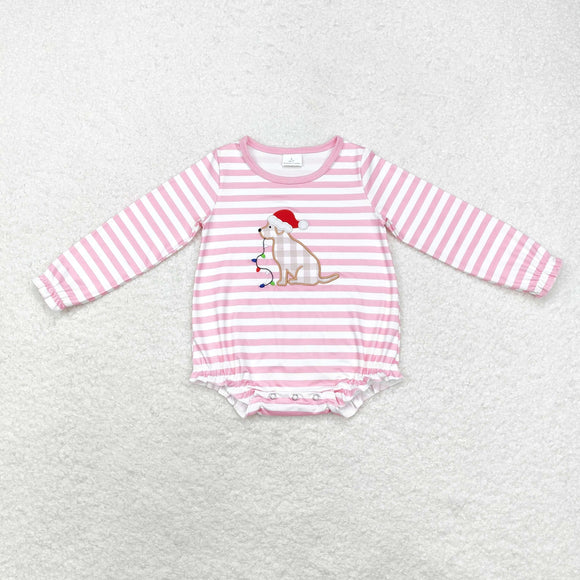 Lights Dog Pink Stripe Girls Christmas Romper