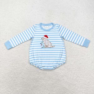 Lights Dog Blue Stripe Boys Christmas Romper