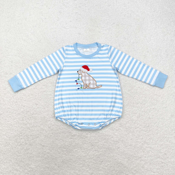 Lights Dog Blue Stripe Boys Christmas Romper