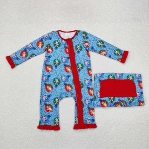 Cartoon Dogs Lights Red Ruffles Blue Girls Christmas Romper