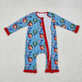 Cartoon Dogs Lights Red Ruffles Blue Girls Christmas Romper