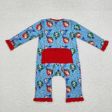 Cartoon Dogs Lights Red Ruffles Blue Girls Christmas Romper