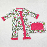 Bamboo Cartoon Hot Pink Ruffles White Girls Christmas Romper