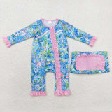 Bamboo Landscape Painting Pink Ruffles Girls Fall Romper