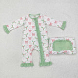 Bamboo Bow Pattern Leaves Green Ruffles White Girls Christmas Romper