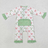 Bamboo Bow Pattern Leaves Green Ruffles White Girls Christmas Romper