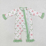 Bamboo Bow Pattern Leaves Green Ruffles White Girls Christmas Romper