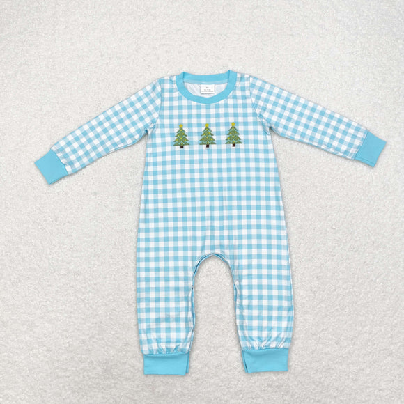 Tree Embroidery Blue Plaid Boys Christmas Romper