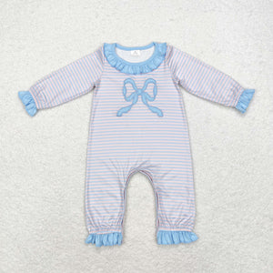 Bow Embroidery Blue Stripe Pink Girls Fall Romper