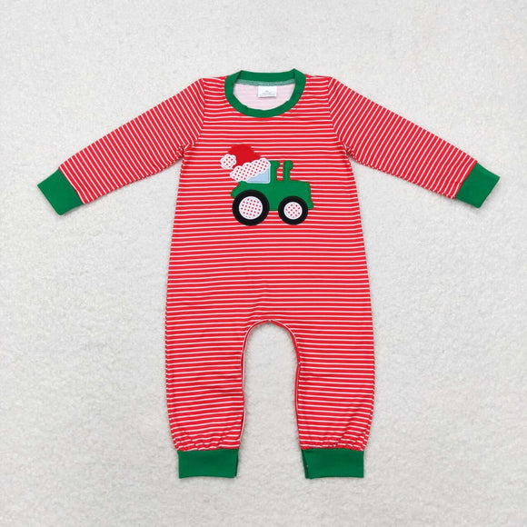 Tractor Red Stripe Boys Christmas Romper