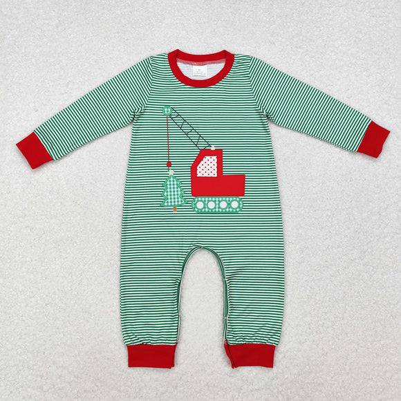 Construction Truck Green Stripe Boys Christmas Romper