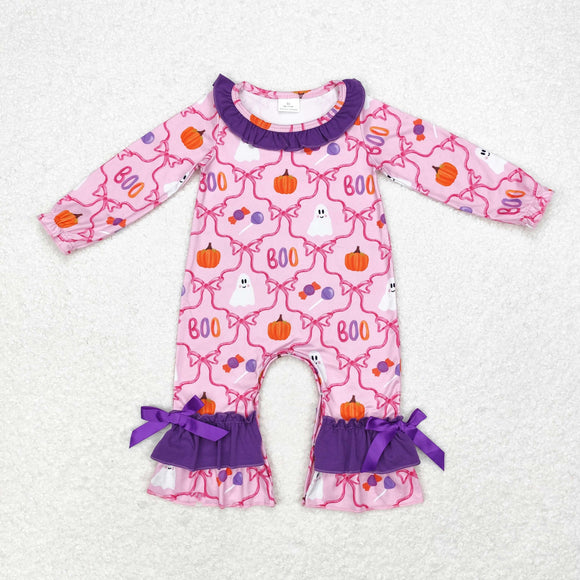 Boo Ghost Bow Pattern Pink Purple Girls Halloween Romper