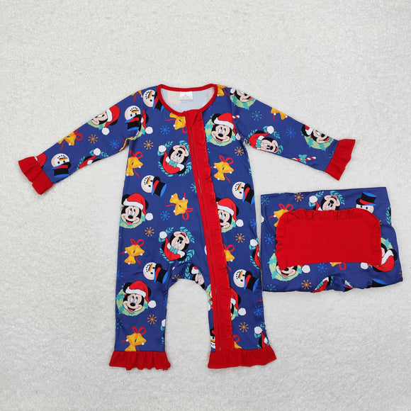 Cartoon Bell Blue Girls Christmas Romper