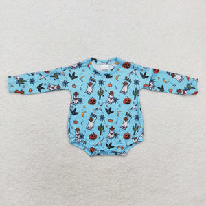 Boo Ghost Cactus Pumpkin Blue Boys Halloween Romper