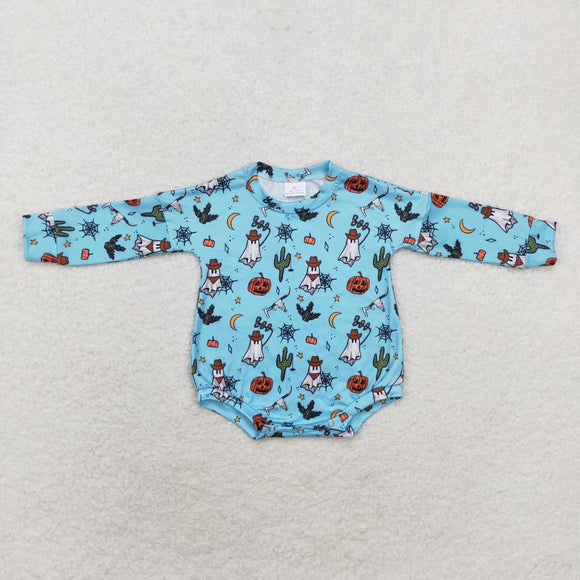 Boo Ghost Cactus Pumpkin Blue Boys Halloween Romper