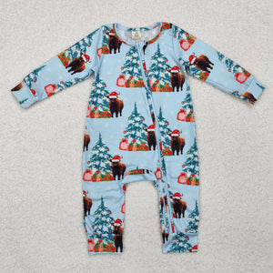 Bamboo Highland Cow Blue Boys Christmas Romper