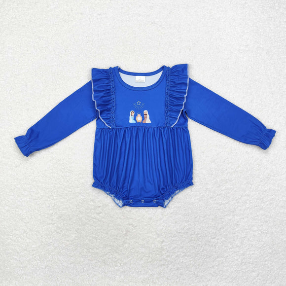 Jesus Blue Ruffles Girls Christmas Romper