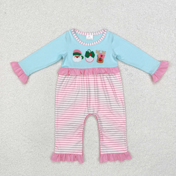 Santa Bell Reindeer Pink Stripe Blue Girls Christmas Romper