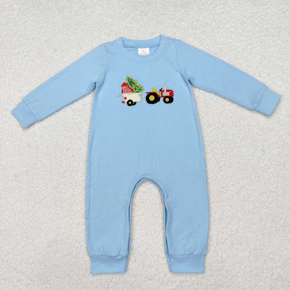 Tree Tractor Blue Boys Christmas Romper