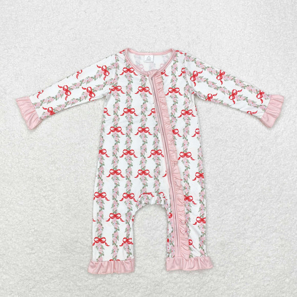 Bamboo Floral Bow Pattern Pink Ruffles Girls Christmas Romper