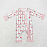 Bamboo Floral Bow Pattern Pink Ruffles Girls Christmas Romper